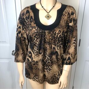 Leopard Y2K Brown Black Gold Sequin Shimmer 3/4 Sleeves Blouse 3X Plus Size Top